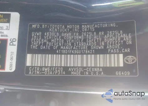 2016 Toyota Camry Hybrid Le из США, поврежденный, VIN 4T1BD1FK9GU178421